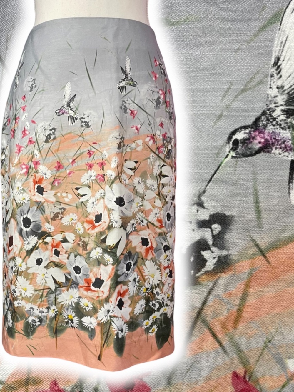Hummingbird Floral Linen Skirt 2 Pencil Cotton Talbots Knee Length Gray Salmon